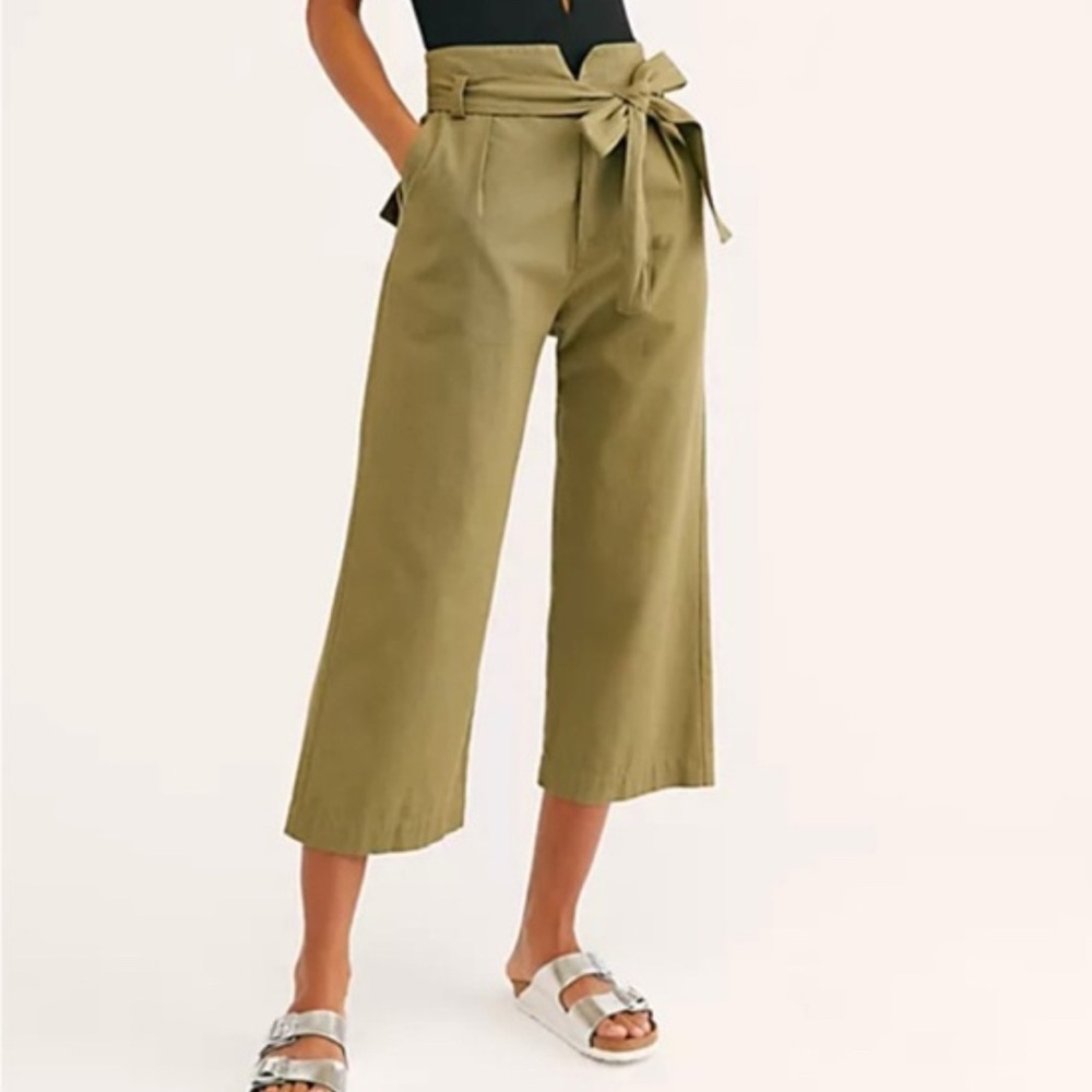 Free People / Olive Green Wide-Leg Tie-Waist Pants / 2